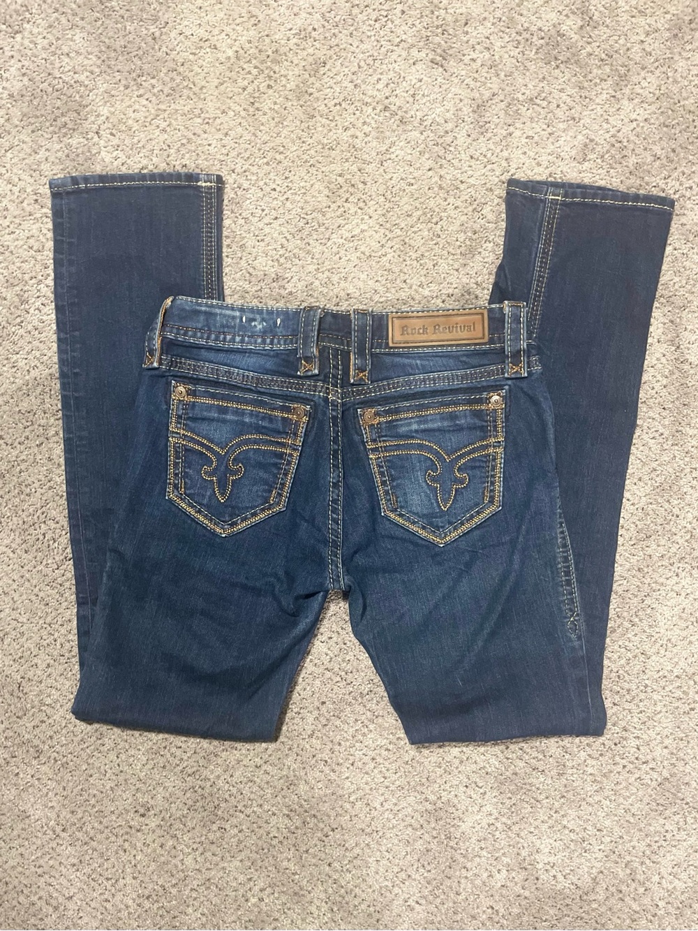 Vintage Rock Revival Cherry Straight Jeans Sz 27 Dark Wash Orange Glow Stitch